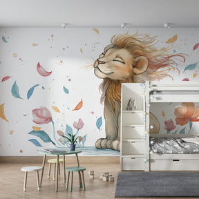 Gentle lion and flowers mural wallpaper transforming kids playroom into safari garden