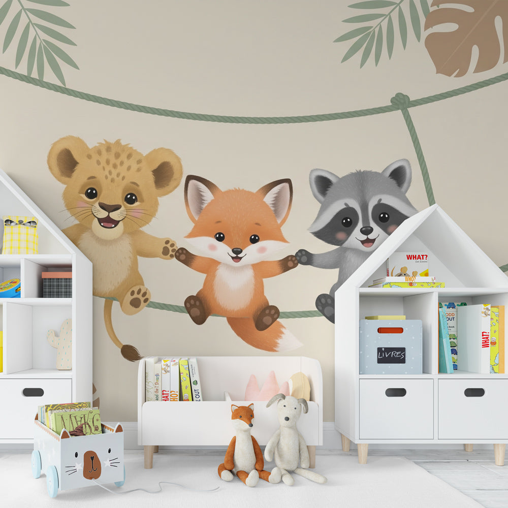 Kids-Mundo animal friends wall mural with lion, fox and raccoon in a child's bedroom