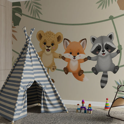 Kids-Mundo lion, fox and raccoon jungle wall mural shown in a playroom setting