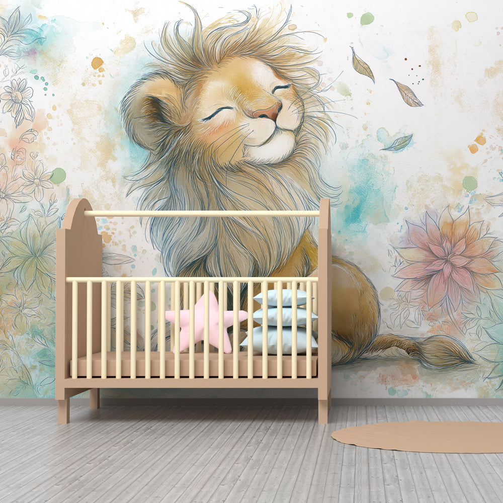 Cheerful lion floral mural wallpaper decorating modern kids bedroom with nature theme by Kids-Mundo