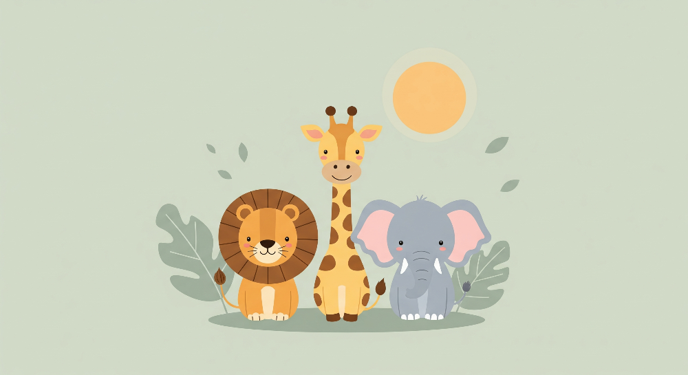 Kids-Mundo flat artwork preview of the lion, giraffe and elephant wall mural