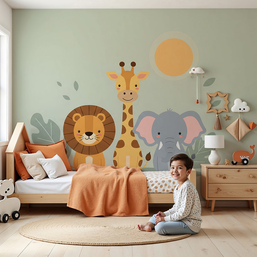 Kids-Mundo lion, giraffe and elephant wall mural styled in a sage green nursery