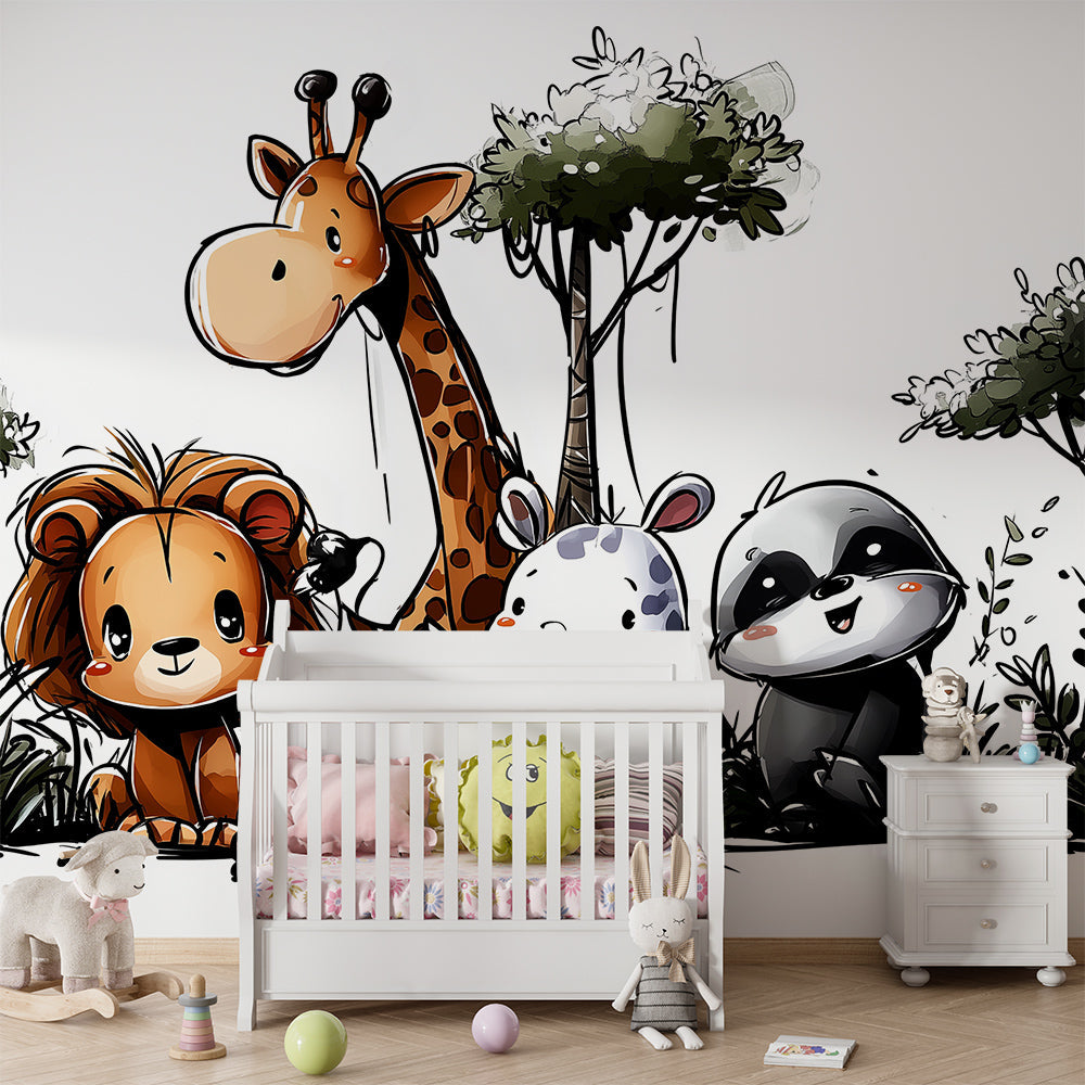 Kids-Mundo hand-drawn lion, giraffe and panda mural on a kids bedroom feature wall