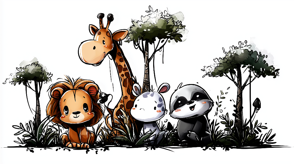 Kids-Mundo flat artwork of the lion, giraffe and panda sketch wall mural design