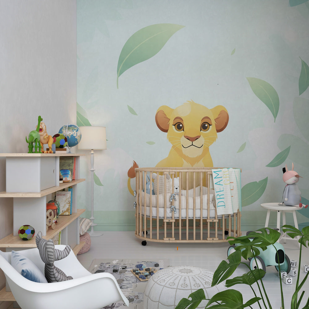 Cute lion cub safari wallpaper creating adventurous kids bedroom decor with tropical theme