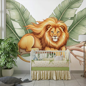 Tropical lion wallpaper with banana leaves transforming kids bedroom into jungle paradise by Kids-Mundo
