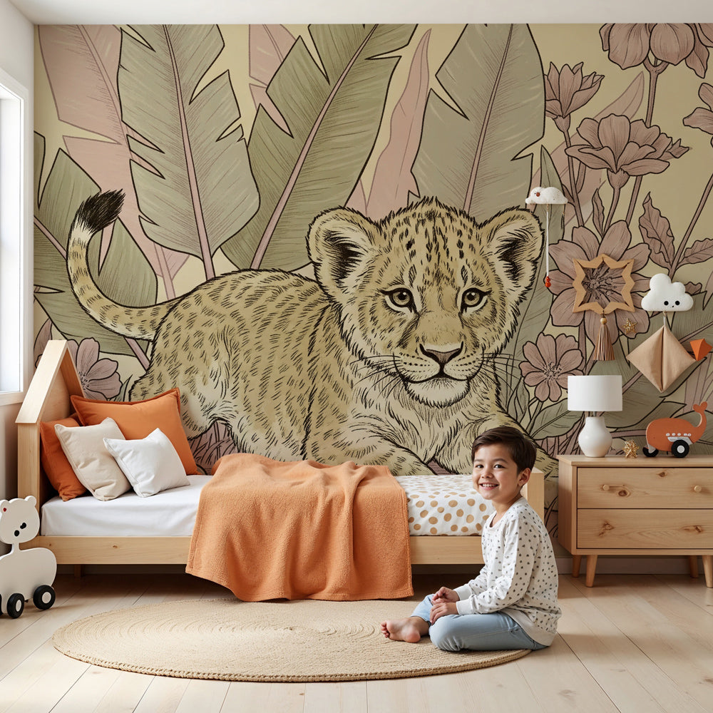 Lion jungle mural wallpaper in modern nursery with tropical safari theme by Kids-Mundo