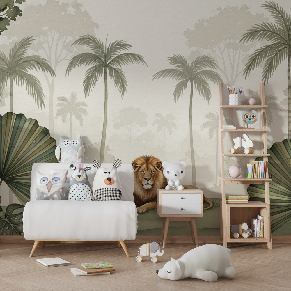 Majestic lion wallpaper with tropical palms transforming nursery into wildlife sanctuary