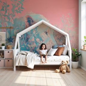 Lion jungle mural wallpaper decorating modern nursery with soft pastel safari theme by Kids-Mundo