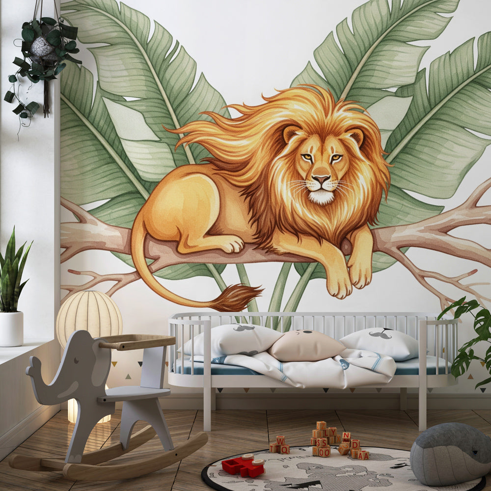 Safari lion mural wallpaper with lush foliage creating adventurous atmosphere in children's playroom