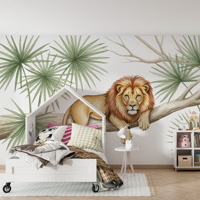 Safari animal mural wallpaper with tropical foliage for kids playroom by Kids-Mundo