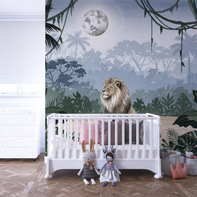 Nocturnal jungle wallpaper with moonlit lion creating adventure theme in children's bedroom