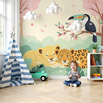 Kids-Mundo lion cub and leopard cherry blossom forest wall mural styled in a cosy nursery.