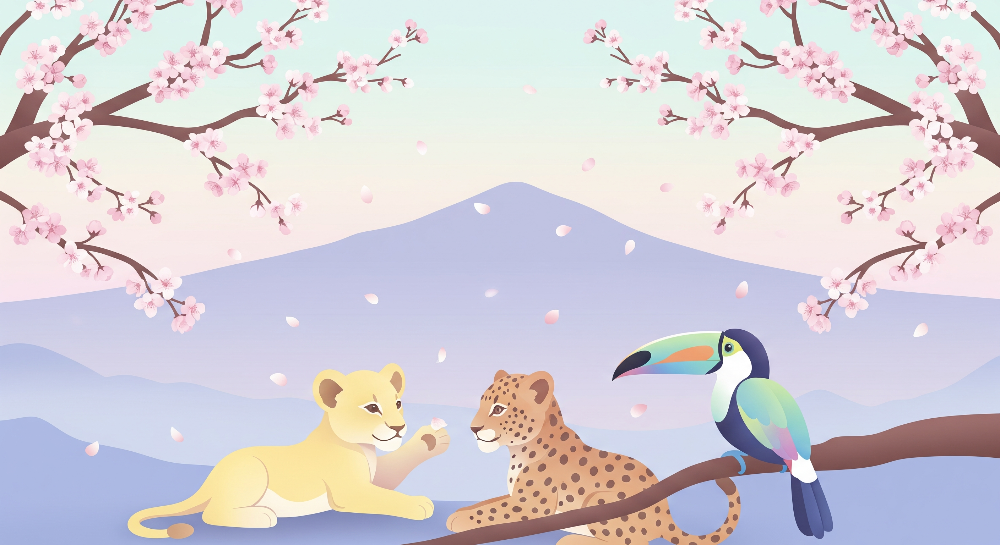 Kids-Mundo flat-artwork design of a lion cub and leopard beneath pink cherry blossom with a toucan and mountains.