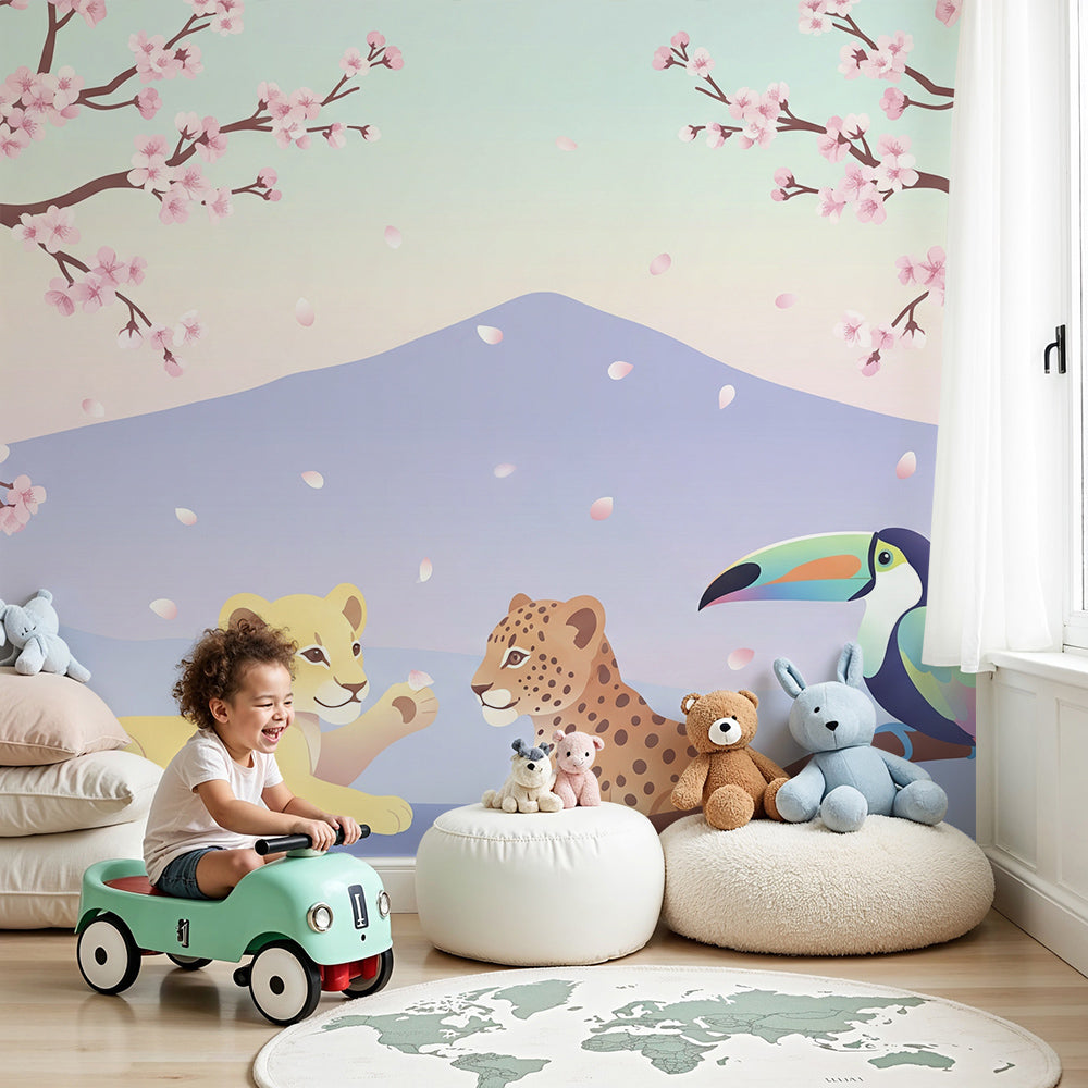 Kids-Mundo lion cub and leopard cherry blossom wall mural styled in a calm, dreamy nursery.
