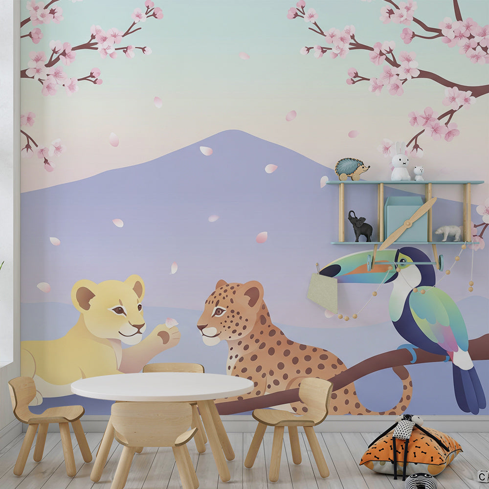 Kids-Mundo lion and leopard blossom mural bringing gentle colour to a children's playroom wall.