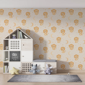 Adorable lion themed mural wallpaper in cozy children's bedroom with celestial moon design