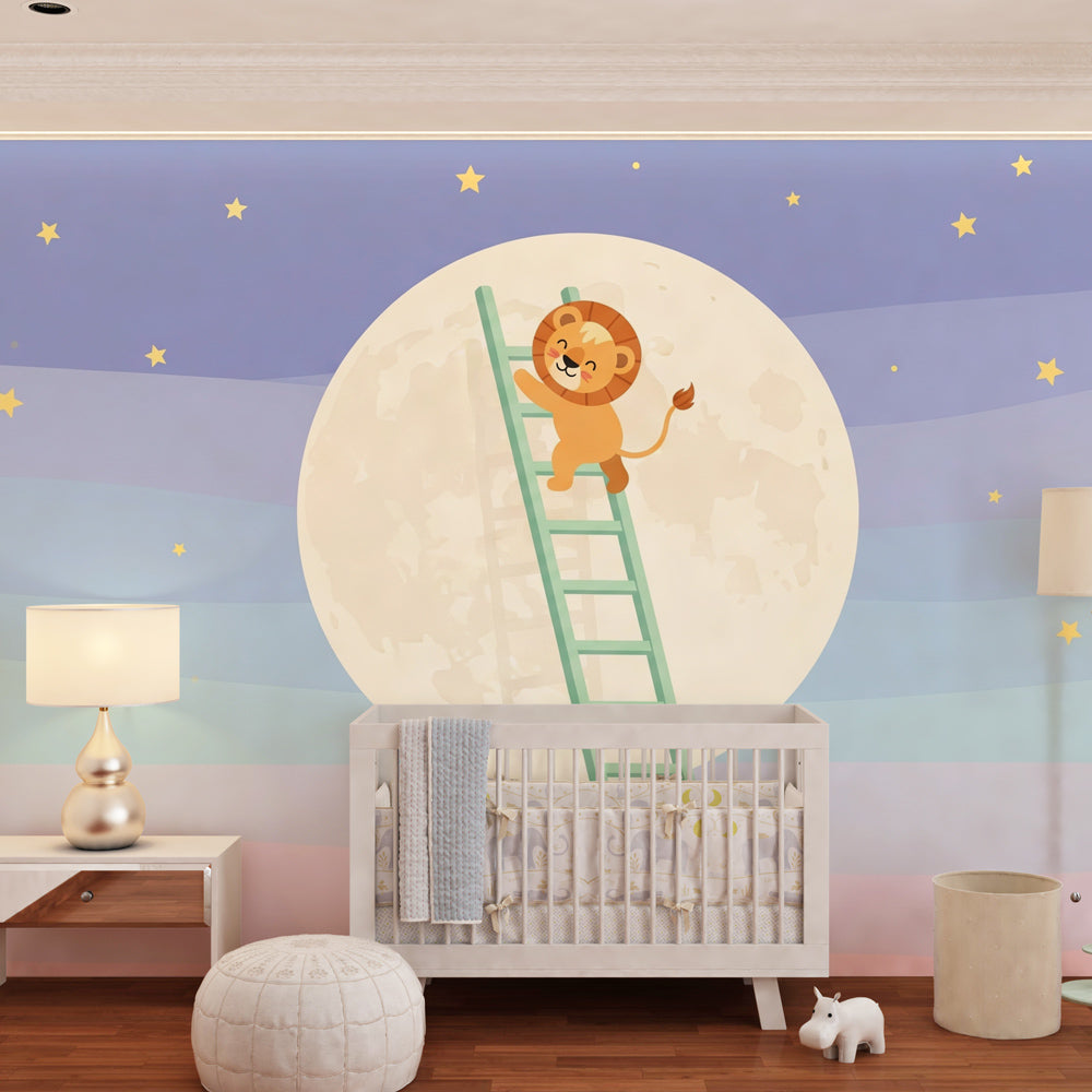 Dreamy lion climbing to moon wallpaper transforming kids bedroom into celestial sanctuary