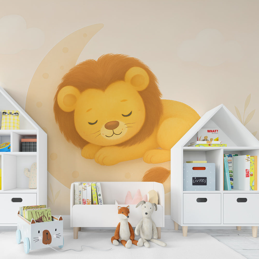 Sleeping lion on crescent moon wallpaper for cozy children's bedroom by Kids-Mundo