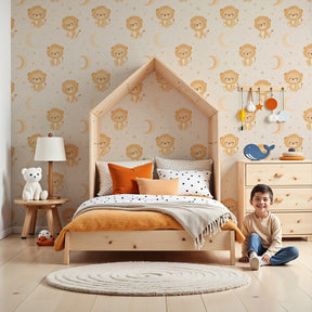 Lion moon mural wallpaper creating dreamy safari nursery with pastel tones by Kids-Mundo