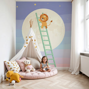 Lion moon mural wallpaper creating magical starry night atmosphere in modern nursery by Kids-Mundo