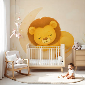 Lion moon mural wallpaper creating peaceful safari nursery atmosphere by Kids-Mundo