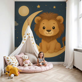 Lion moon mural wallpaper creating magical nursery decor with starry night theme by Kids-Mundo