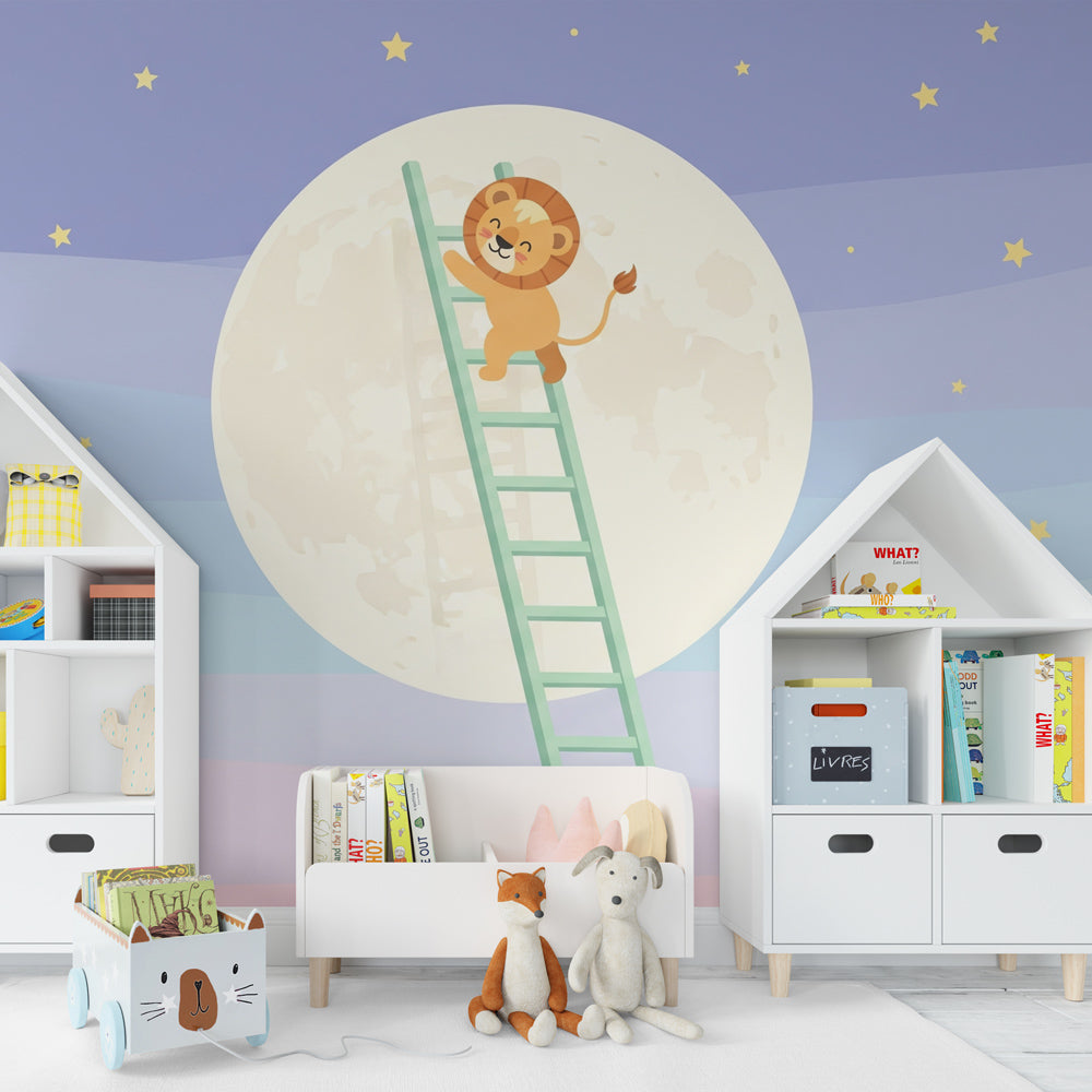 Soft pastel lion moon wallpaper with twinkling stars perfect for peaceful children's room decor