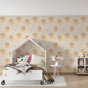 Sweet safari lion wallpaper transforming kids playroom with gentle pastel animal motifs