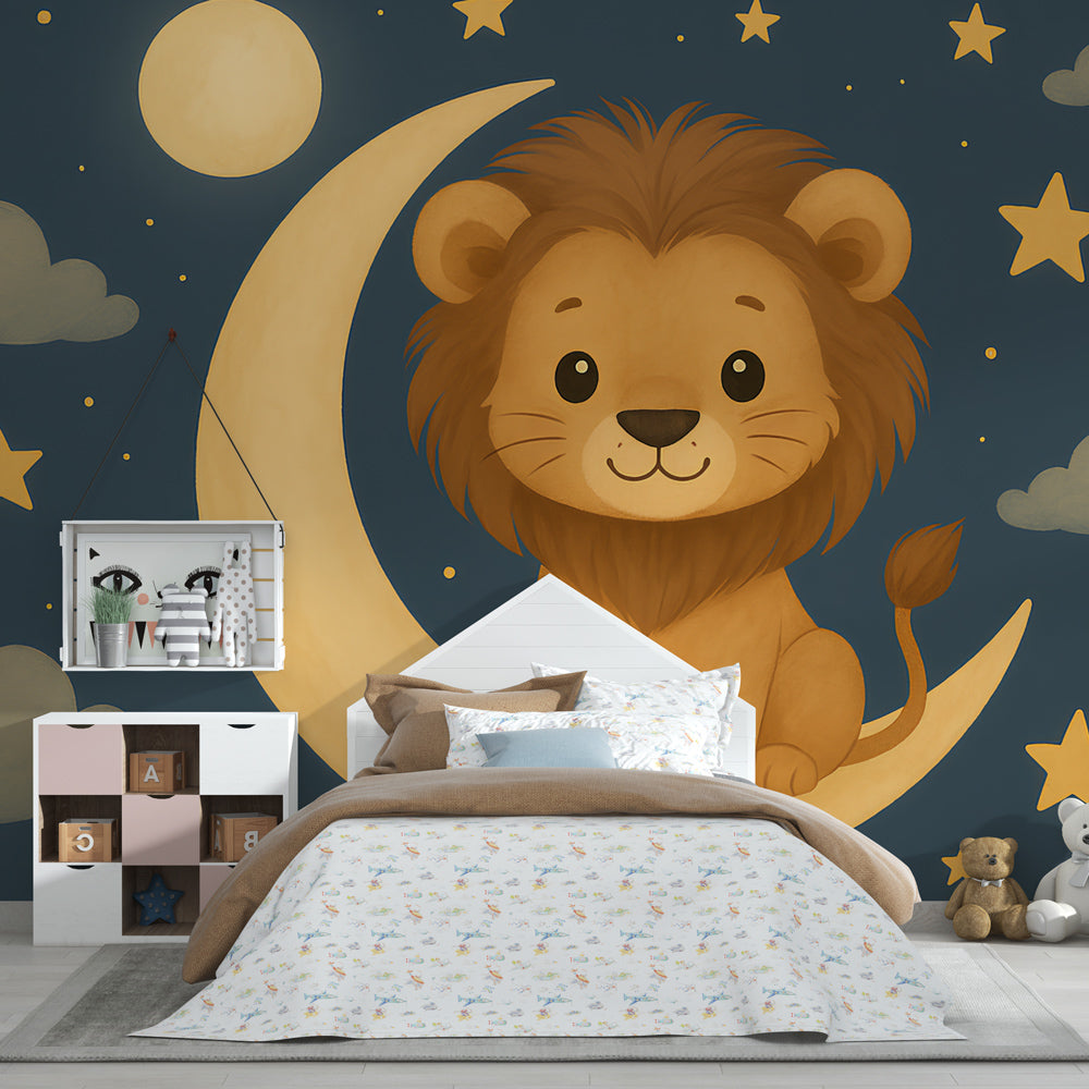 Starry night lion mural wallpaper transforming toddler room into peaceful sleep sanctuary
