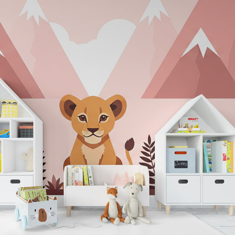 Pastel lion and mountain wallpaper transforming modern kids bedroom into adventure sanctuary