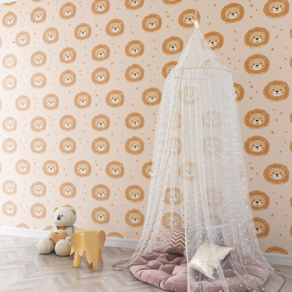 Playful lion wallpaper creating cozy children's bedroom atmosphere with natural decor