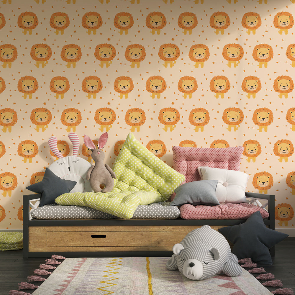 Safari lion wallpaper creating playful atmosphere in children's bedroom with natural wood furniture