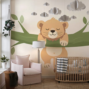 Lion on branch wallpaper creating peaceful children's bedroom atmosphere