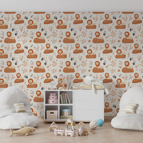 Safari lion wallpaper creating adventurous children's bedroom atmosphere with natural tones