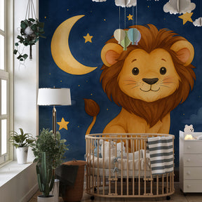 Cute lion under stars wallpaper creating magical children's bedroom atmosphere