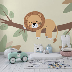 Safari lion wallpaper creating peaceful children's bedroom atmosphere with natural tones