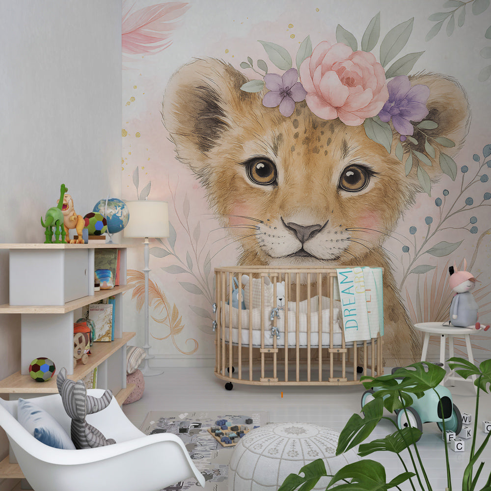 Gentle lion wallpaper with flowers decorating modern kids bedroom interior