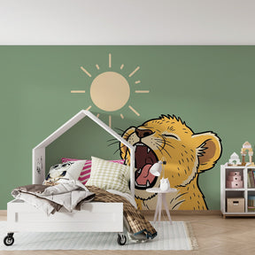 Roaring lion wallpaper transforming kids bedroom into African safari adventure space