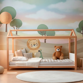 Animal themed mural wallpaper featuring happy lion on scooter for toddler bedroom by Kids-Mundo