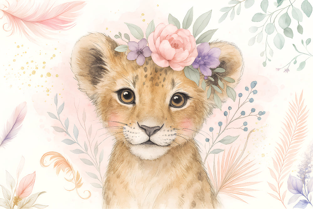 Detailed lion with floral crown mural wallpaper design pattern by Kids-Mundo