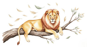 Detailed lion on branch mural wallpaper design pattern with floating leaves by Kids-Mundo