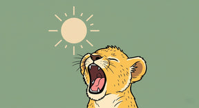 Detailed roaring lion cub mural wallpaper design pattern with sun and green background by Kids-Mundo
