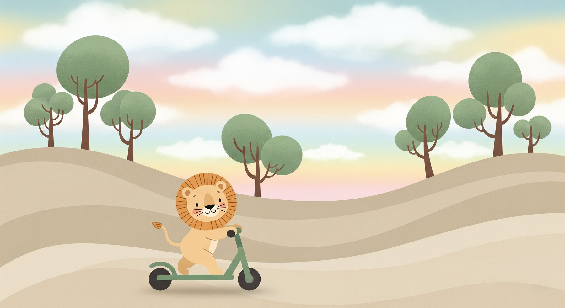 Detailed lion scooter mural wallpaper design pattern with rolling hills and trees by Kids-Mundo