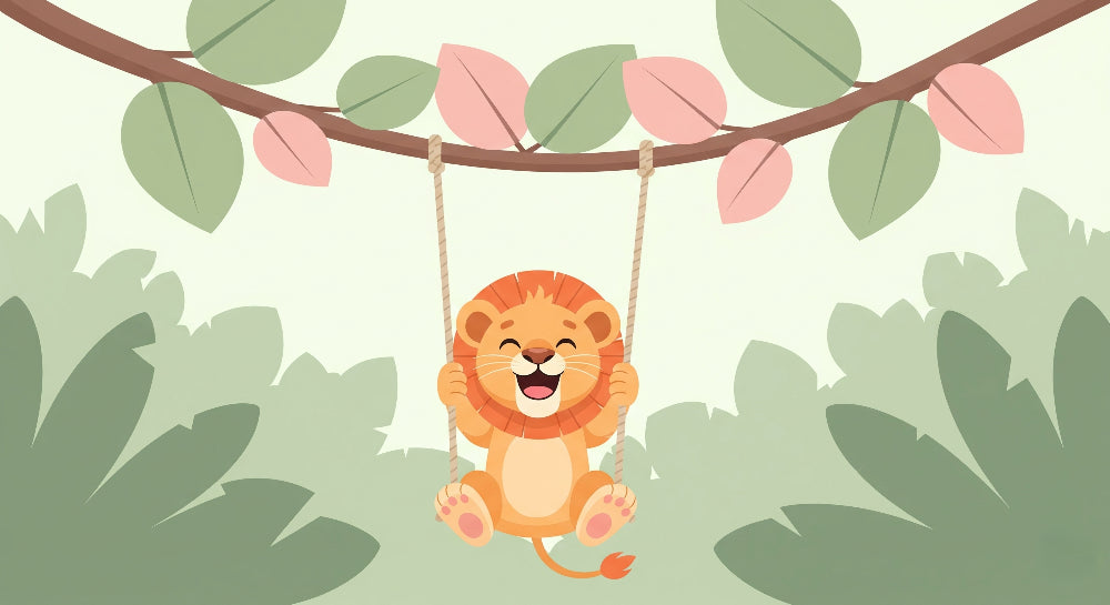 Happy swinging lion mural wallpaper design pattern with jungle foliage by Kids-Mundo