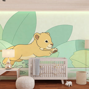Animal mural wallpaper with lion and water splash in toddler room setting