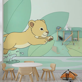 Playful lion wallpaper creating safari adventure theme in children's nursery decor
