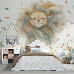 Safari lion wallpaper creating gentle atmosphere in children's bedroom with natural decor