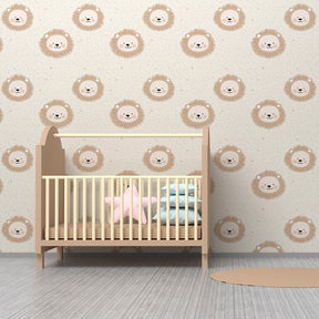 Beige lion safari wallpaper in modern children's bedroom setting with natural lighting