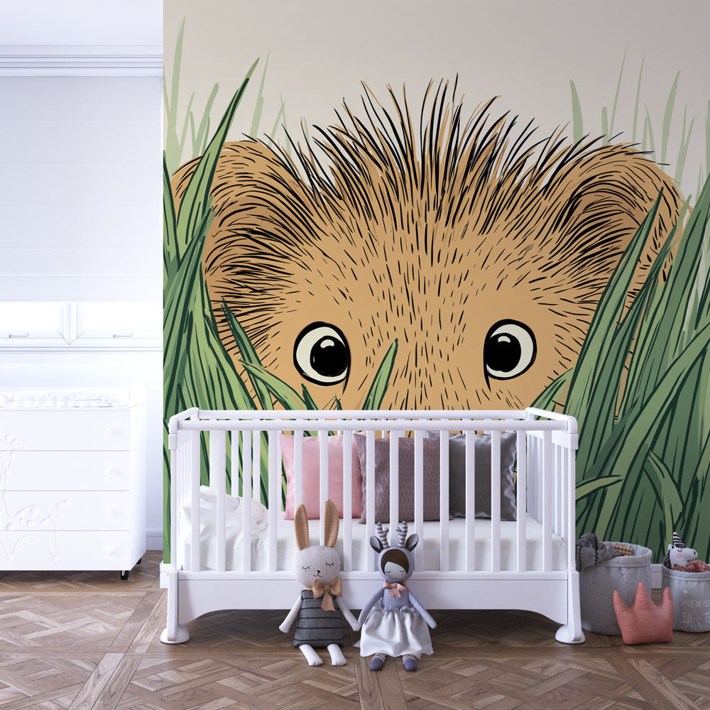 Little lion in tall grass mural wallpaper decorating modern children's bedroom interior